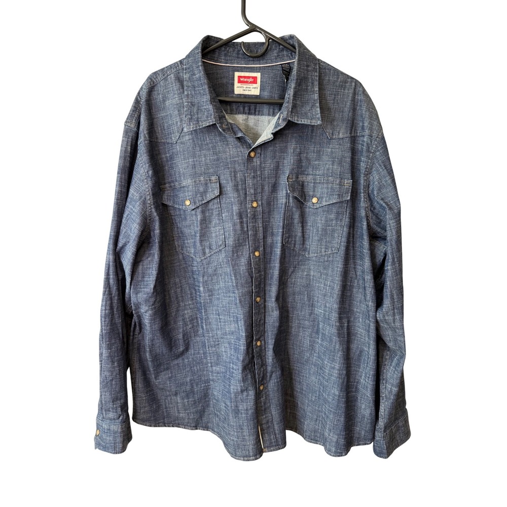 Wrangler Mens 3XL Western Shirt Long Sleeve Denim‎ Blue Gold Snap Button Cowboy